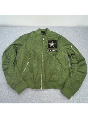 U.S. Army Green Bomber Coat Jacket Women Size Small Gold Zippers Patch